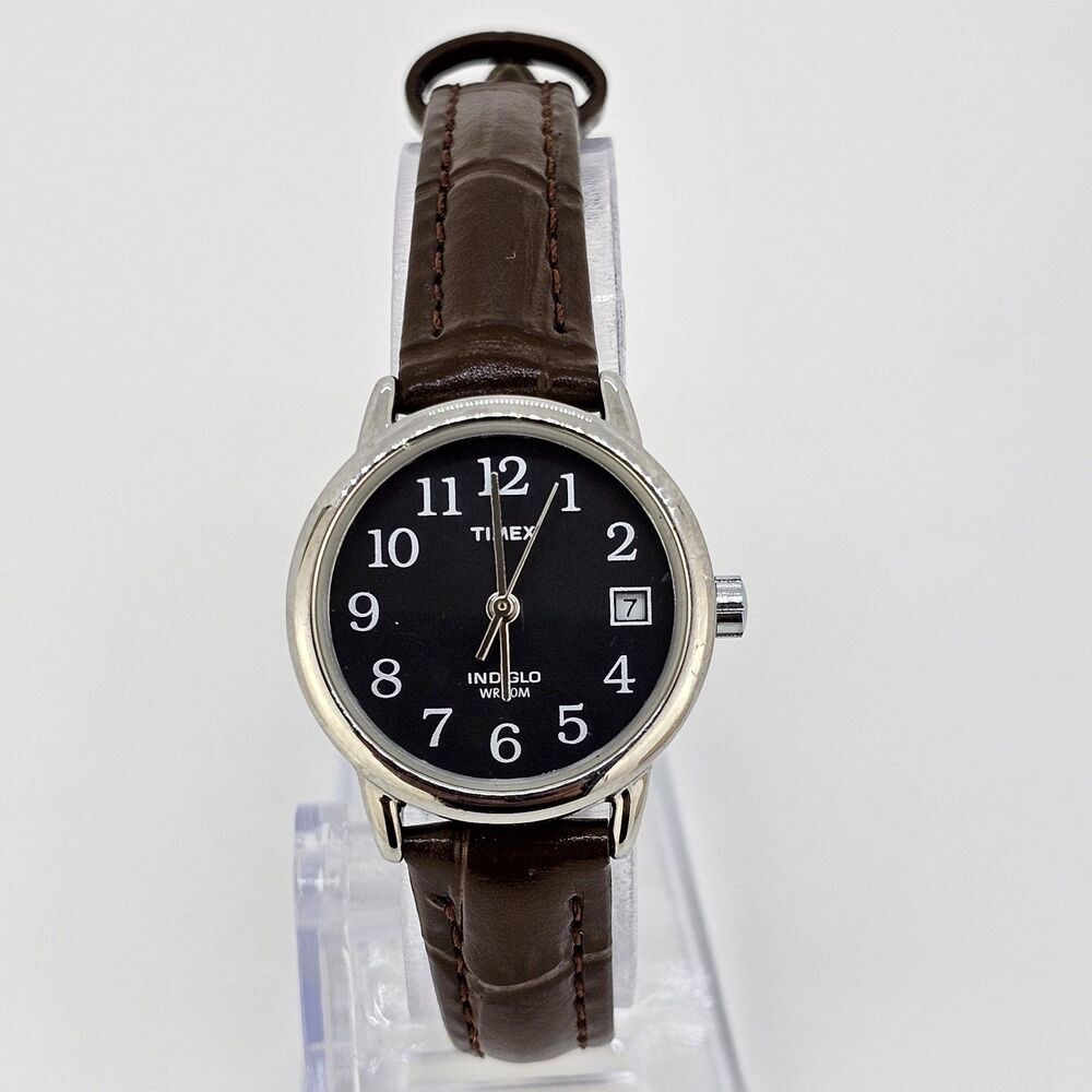 Timex Women's Watch 25MM Black Dial Date New‎ Brown Leather Bands New Battery